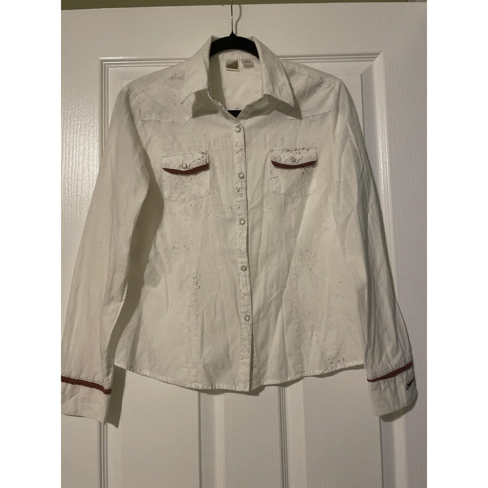 Cowgirl Up Button Up Shirt Womens M White Long Sleeve Paisley Eyelet Western Top